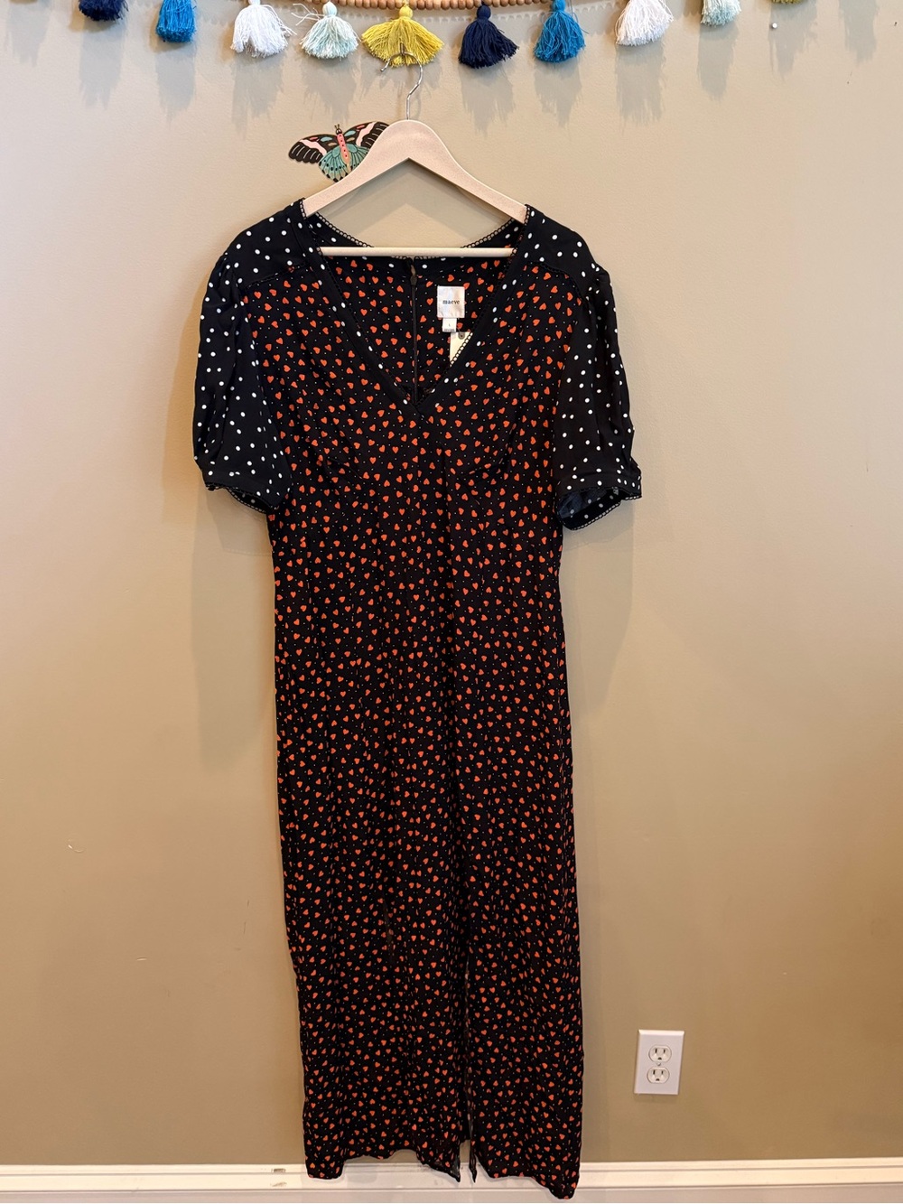 NWT Maeve Black Dress with Red Heart Print and Polka Dot Puff Sleeves - Picture 6 of 8